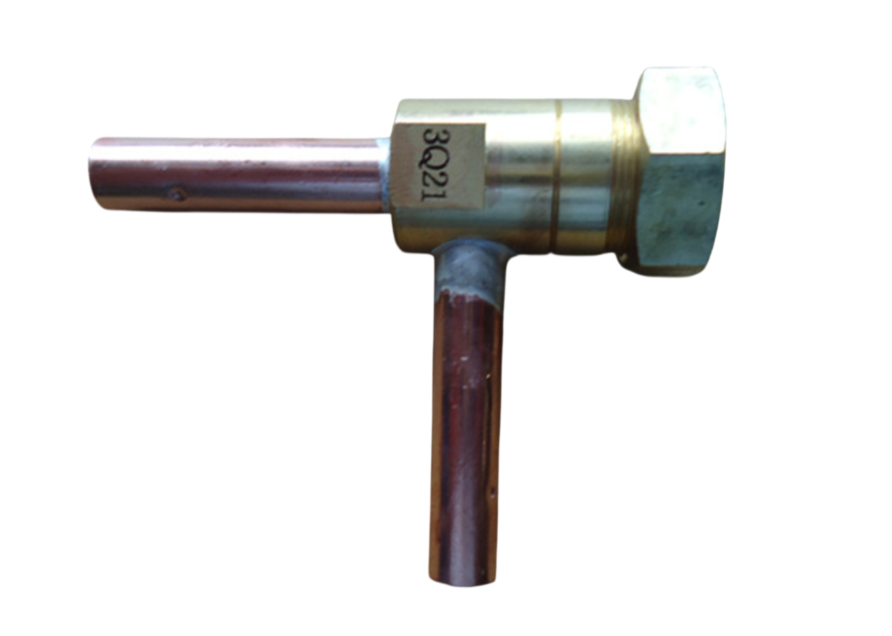 A brass T-shaped metal pipe fitting with copper-colored tubes, featuring a hexagonal nut on one end and a small label marked '3021' on the side, isolated on a white background.