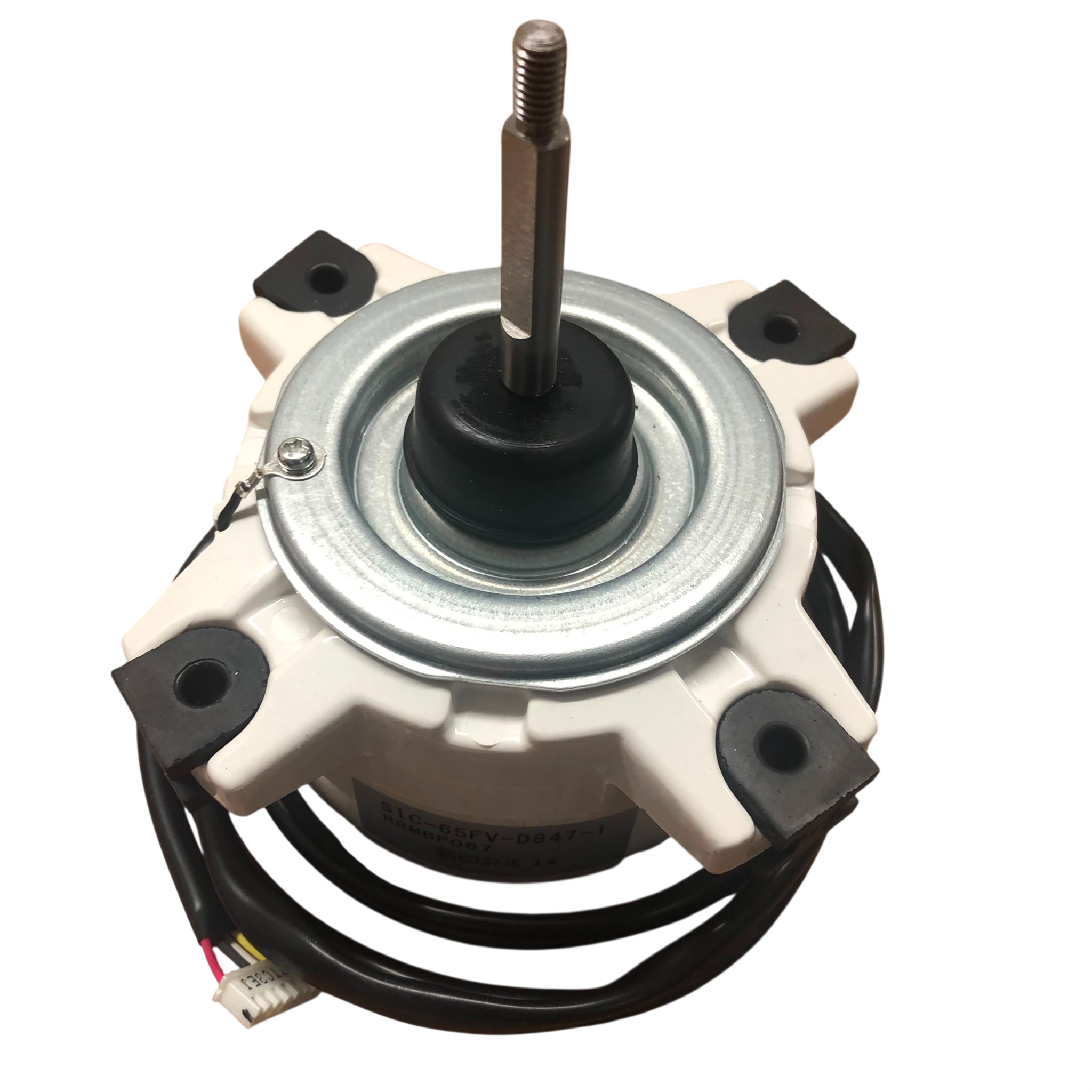 A replacement electric motor assembly with a silver metal core, black plastic housing, a black central shaft, and attached black wires, shown on a plain white background.