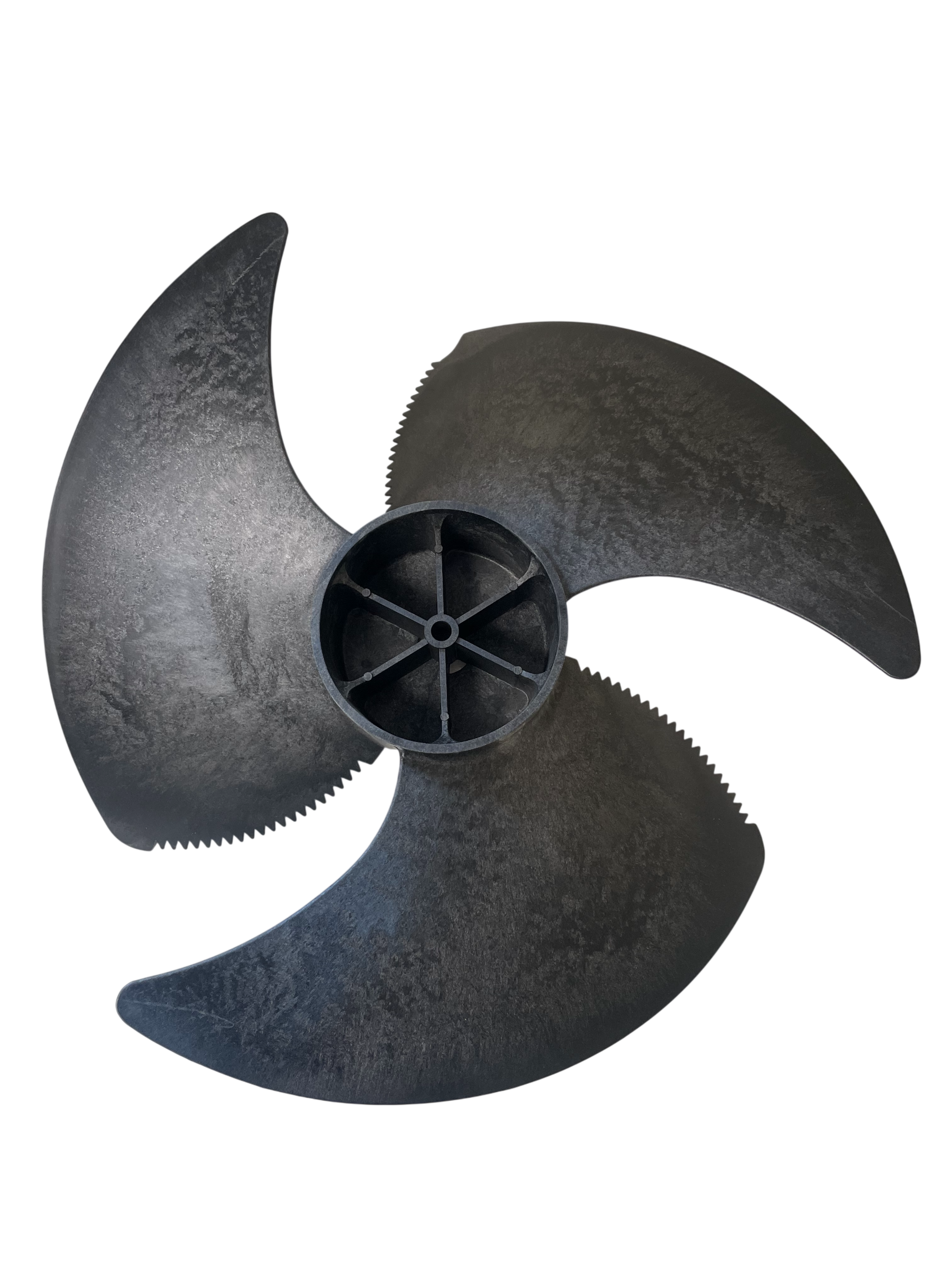 A three-blade plastic propeller or impeller with a textured dark gray finish, isolated on a solid white background.