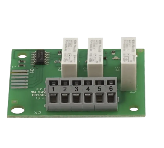 A green electronic relay module with six terminal connectors, three white relays, and a small black microcontroller chip on a white background.