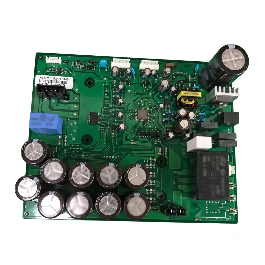 A green printed circuit board (PCB) containing various electronic components, including multiple black and silver cylindrical capacitors, a blue relay, a yellow inductor, and black connectors, photographed on a solid white background.