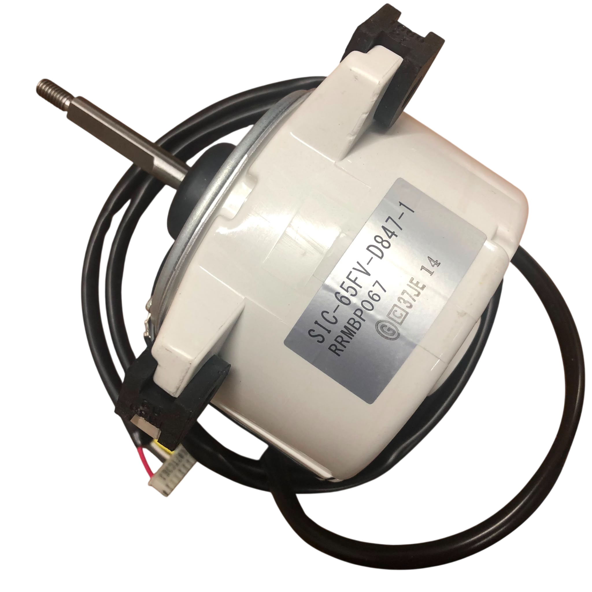 A small electric motor with a white plastic housing, a black cable, a metal shaft, and a silver label, photographed on a white background.