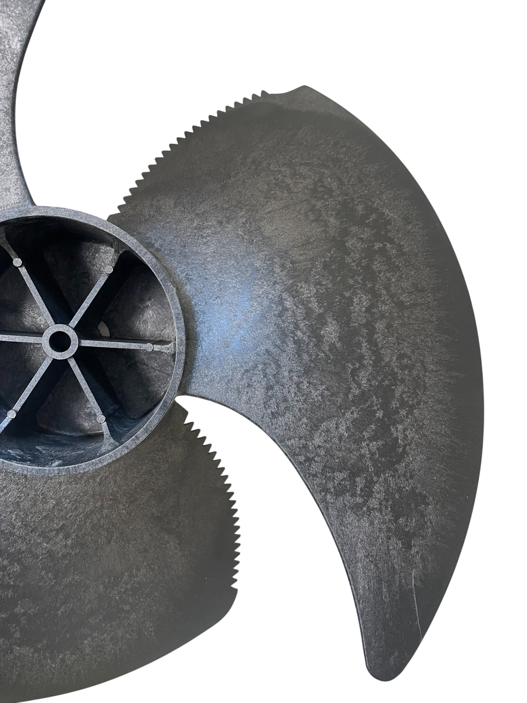 A close-up of a dark gray metal propeller blade with a textured finish, showing the inner hub and teeth on a plain white background.