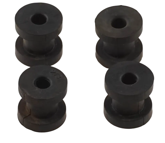 Four black rubber bushings arranged in a 2x2 grid on a plain white background.