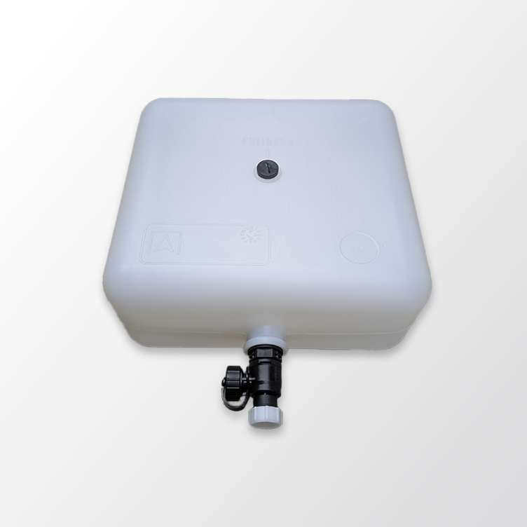 A white Altecnic 9.6 Litre Solar Safety Valve Fluid Recovery Container with a black drain valve and piping.
